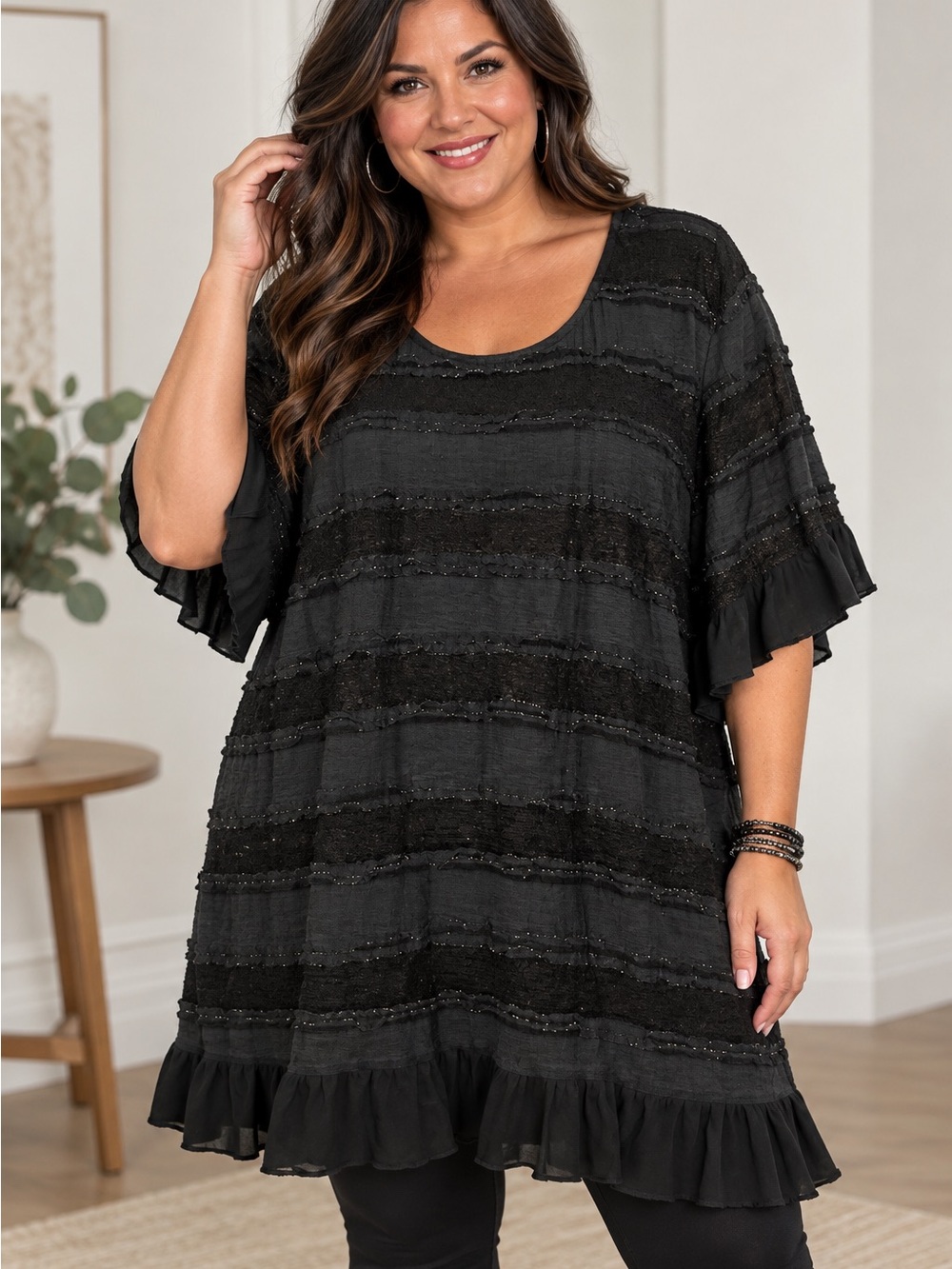 Umgee 2XL Black Boho Shimmer Mixed Texture Ruffle Tunic Top